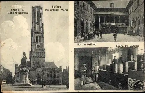 Ak Bruges Brügge Westflandern, Breidel- und Coninck-Denkmal, Belfried, großer Markt, Hof, Küche