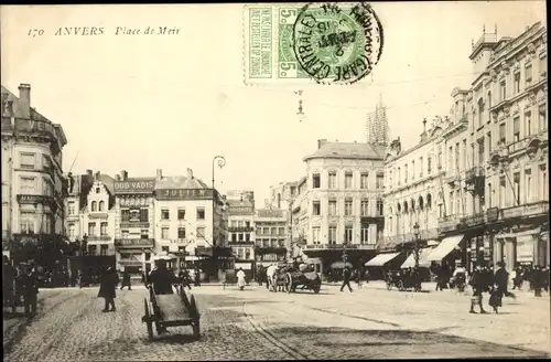 Ak Antwerpen Anvers Flandern, Place de Meir, Geschäft Julien, Mann mit Schubkarren, Gleise