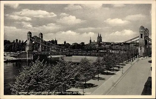 Ak Wrocław Breslau Schlesien, Kaiserbrücke mit den Türmen der Dominsel