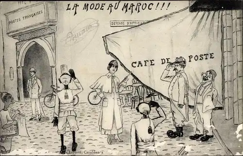 Künstler Ak Marokko, La Mode au Maroc, Cafe de la Poste, Soldaten, Postes Francaises