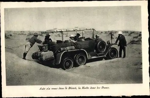 Ak Marokko, Auto six roues dans le Desert, la Halle dans les Dunes