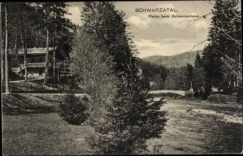 Ak Schwarzatal in Thüringen, Partie am Schweizerhaus zwischen Schwarzburg und Bad Blankenburg