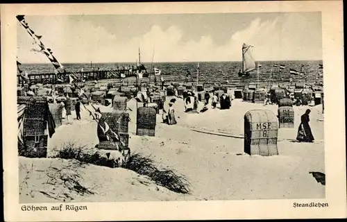 Ak Ostseebad Göhren auf Rügen, Strandleben, Strandkörbe, Meer, Segelboot