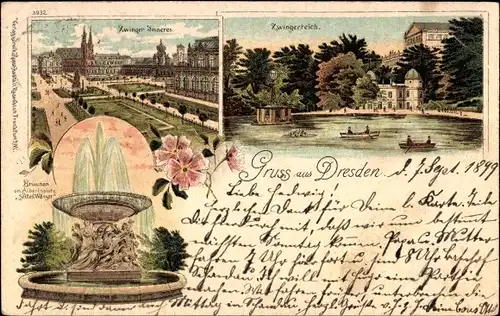 Litho Dresden, Zwinger Inneres, Zwingerteich, Brunnen am Albertsplatz, Stilles Wasser