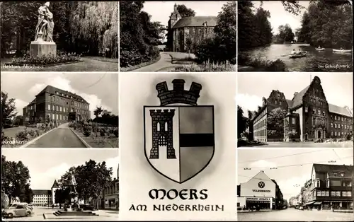 Ak Moers am Niederrhein, Wappen, Im Schlosspark, Krankenhaus, Denkmal