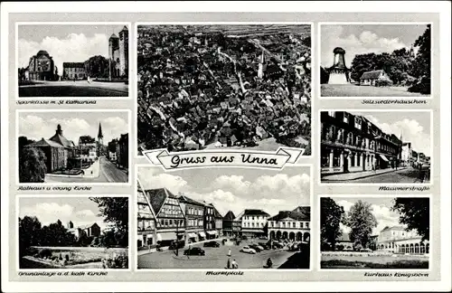 Ak Unna in Westfalen, Fliegeraufnahme, Rathaus, Massenerstraße, Marktplatz, Sparkasse