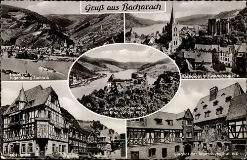 Ak Bacharach am Rhein, Jugendburg Stahleck, Panorama, Fluss, Kirche