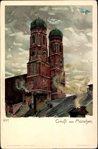 Künstler Litho Kley, Heinrich, München Bayern, Blick auf die Frauenkirche