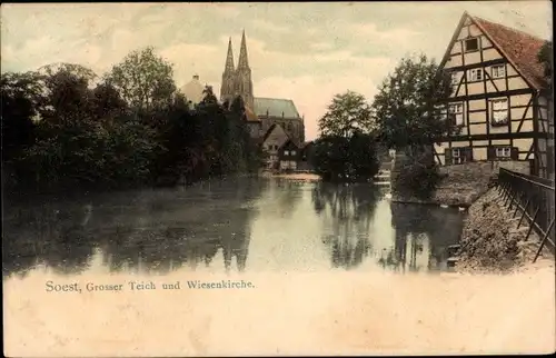 Ak Soest in Westfalen, Grosser Teich und Wiesenkirche