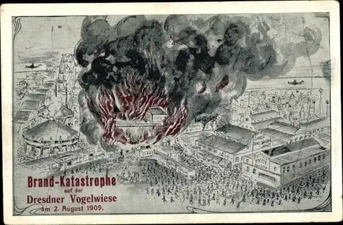 Ak Dresden Altstadt, Festplatz Vogelwiese, Brandkatastrophe am 2. August 1909
