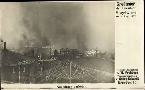 Ak Dresden Altstadt, Festplatz Vogelwiese, Brandkatastrophe am 2. August 1909