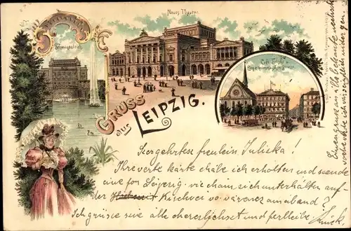 Litho Leipzig in Sachsen, Neues Theater, Schwanenteich, Straßenbahn, Café