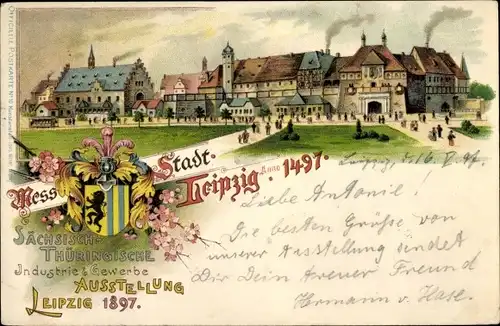 Wappen Litho Leipzig, Sächsisch Thüringische Industrie und Gewerbeausstellung 1897, Stadt Anno 1497