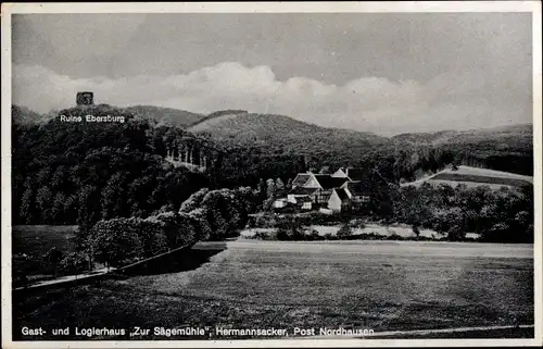 Ak Sägemühle Herrmannsacker Harztor in Thüringen, Gasthaus zur Sägemühle, Ruine Ebersburg