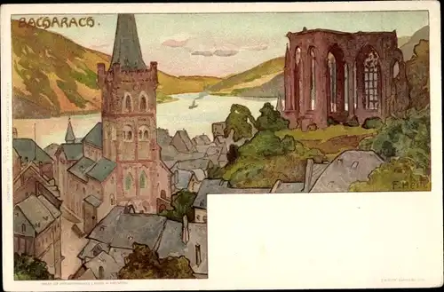 Künstler Litho Franz Hein, Bacharach am Rhein, Blick über die Stadt, Ruine