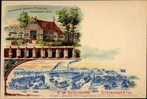 Litho Steinhagen in Westfalen, Ausstellungsgebäude Probierstube Düsseldorf 1902, H.W. Schlichte