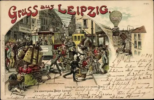 Litho Leipzig in Sachsen, Die elektrische Bahn kommt, Straßenbahn, Ballon