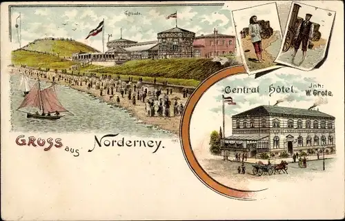 Litho Nordseebad Norderney Ostfriesland, Central Hotel, Strandpartie