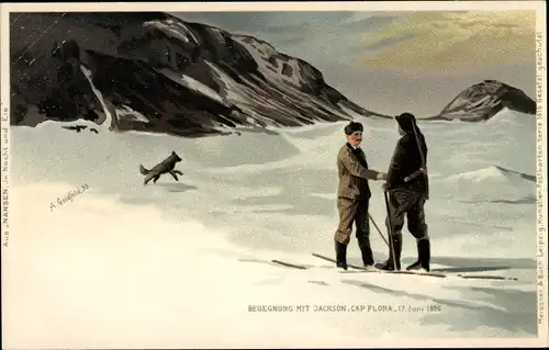 Künstler Litho Goldfeld, A., Polarforscher Fridtjof Nansen, Frederick George Jackson, Cap Flora 1896