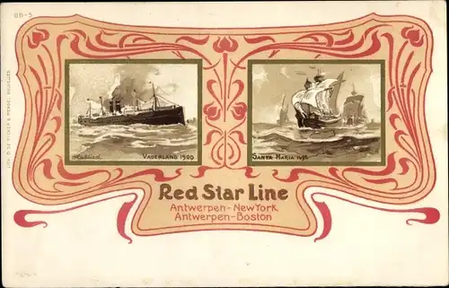 Passepartout Ak Red Star Line, Antwerpen New York, Boston, Passagierdampfer Vaderland 1900