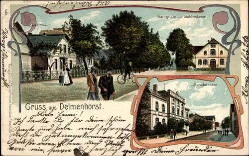 Jugendstil Litho Delmenhorst in Niedersachsen, Marktplatz, Mühlendamm, Schulstraße