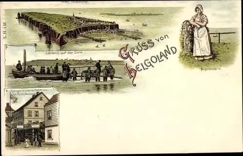 Litho Helgoland in Schleswig Holstein, Königin Victoria Hotel, Landung auf der Düne, Helgoländerin