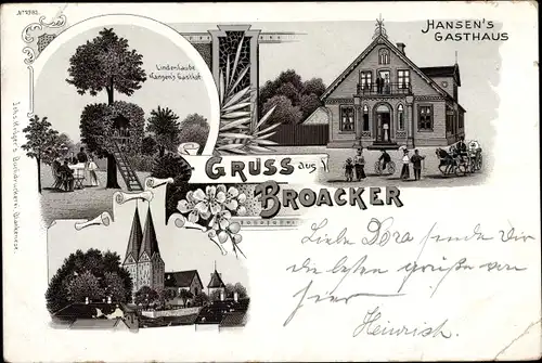 Litho Broager Broacker Dänemark, Hansen's Gasthaus, Lindenlaube, Kirche