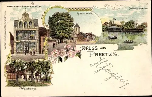 Litho Preetz in Holstein, Warenhaus Rudolph Karstadt, Große Linde, Weinberg, Drillers Garten