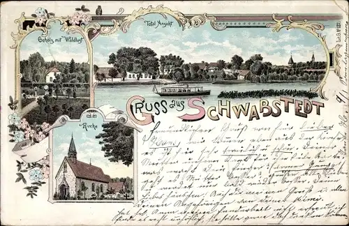 Litho Schwabstedt an der Treene Nordfriesland, Kirche, Gehölz mit Waldlust, Totalansicht