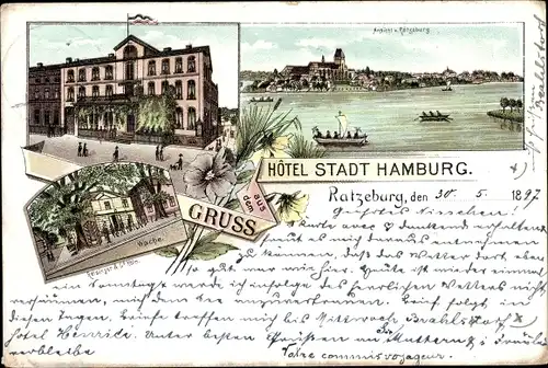 Litho Ratzeburg im Herzogtum Lauenburg, Hotel Stadt Hamburg, Wache, Totalansicht