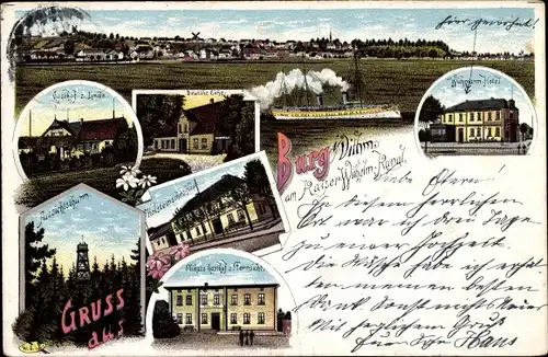 Litho Burg in Dithmarschen, Hotel, Gasthof zur Linde, Holsteinsches Haus, Aussichtsturm, Dampfer