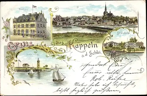 Litho Kappeln an der Schlei, Strandhotel, Posthaus, Schleimünde, Blick auf den Ort