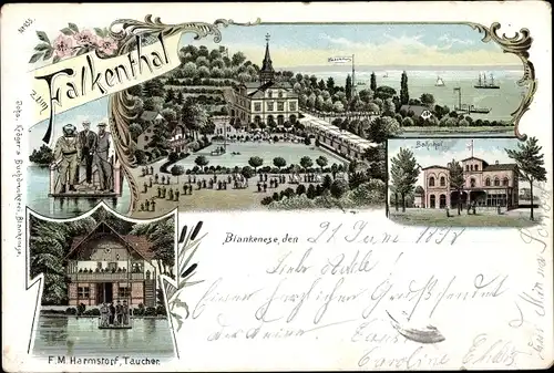 Litho Hamburg Altona Blankenese Falkenthal, Bahnhof, Taucher F. M. Harmstorf, Gasthaus