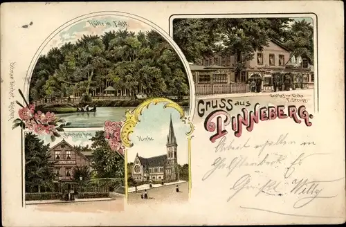 Litho Pinneberg in Schleswig Holstein, Hütte im Fahlt, Kirche, Bahnhofshotel, Gasthof zur Eiche