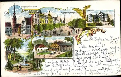 Litho Itzehoe in Holstein, Westerhof, St. Laurentii Kirche, Victoriastraße, Fischbrutanstalt
