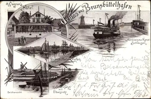 Litho Brunsbüttelhafen Brunsbüttel in Dithmarschen, Wagner's Hotel, Schleuse, Hafen, Deich,Windmühle