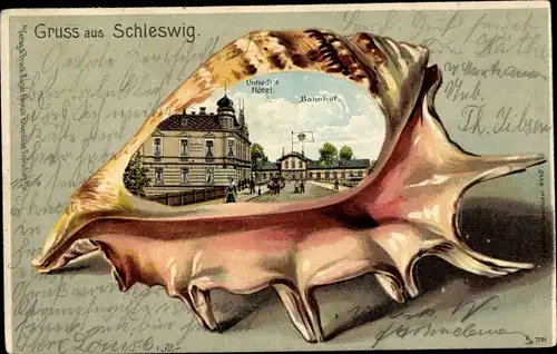 Muschel Litho Schleswig an der Schlei, Bahnhof, Untiedt's Hotel