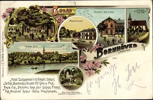 Litho Bornhöved in Holstein, Gasthof zur Linde, Teich, Adolphs Denkmal, Waldkater, Kirche