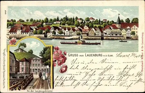 Litho Lauenburg an der Elbe, An der Landungsbrücke, Panorama, Salondampfer