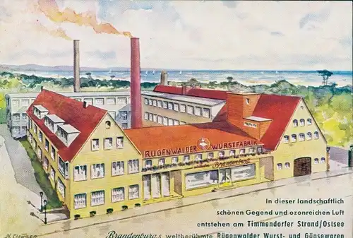 Künstler Ak Clausen, Ostseebad Timmendorfer Strand, Rügenwalder Fleischfabrik, Reklame