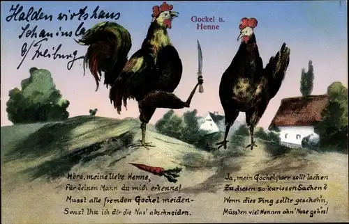 Ak Gockel und Henne, Hann mit Messer, Höre, meine liebe Henne...