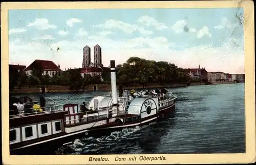 Ak Wrocław Breslau Schlesien, Oderpartie, Dom, Salondampfer Oder