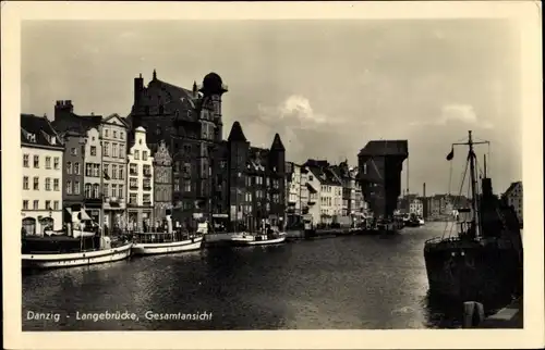 Ak Gdańsk Danzig, Langebrücke, Gesamtansicht, Krantor, Sternwarte, Mottlau