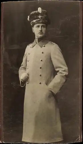 Kabinett Foto Deutscher Offizier, Uniform, Mantel, Jäger, Hans Meissner, gefallen 1914 in Frankreich