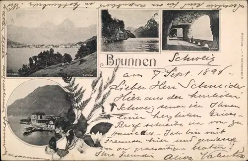 Ak Brunnen Kt Schwyz, Panorama, Tunnelstraße, See