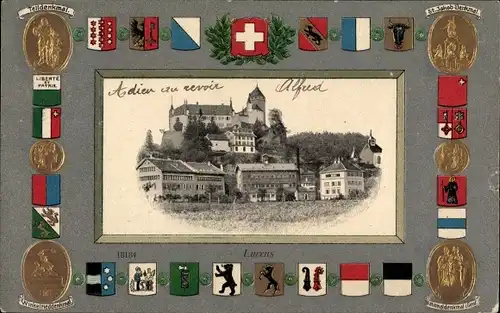 Präge Wappen Passepartout Ak Lucens Kanton Waadt, Ortsansicht, Telldenkmal, St. Jacob Denkmal