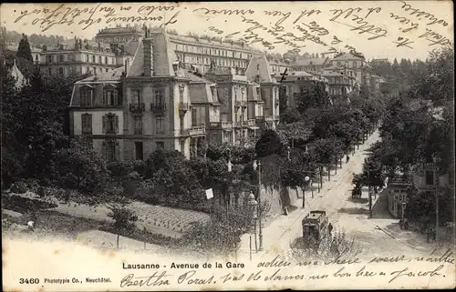 Ak Lausanne Kanton Waadt, Avenue de la Gare, Straßenbahn
