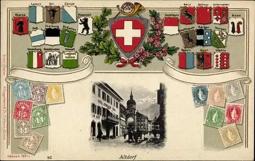 Präge Wappen Briefmarken Passepartout Ak Altdorf Kt Uri, Ortspartie