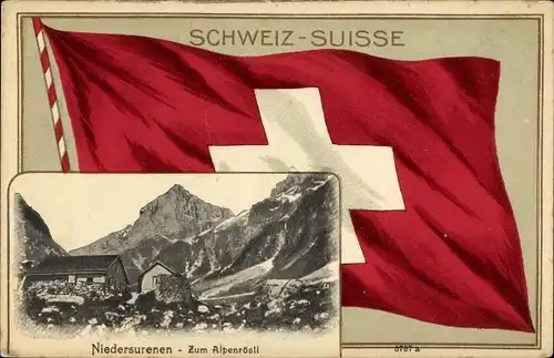 Passepartout Ak Niedersurenen Engelberg Kanton Obwalden Schweiz, Zum Alpenrösli, Fahne