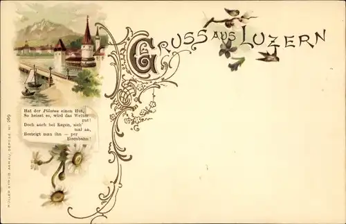 Litho Luzern Stadt Schweiz, Ortsansicht, Pilatus
